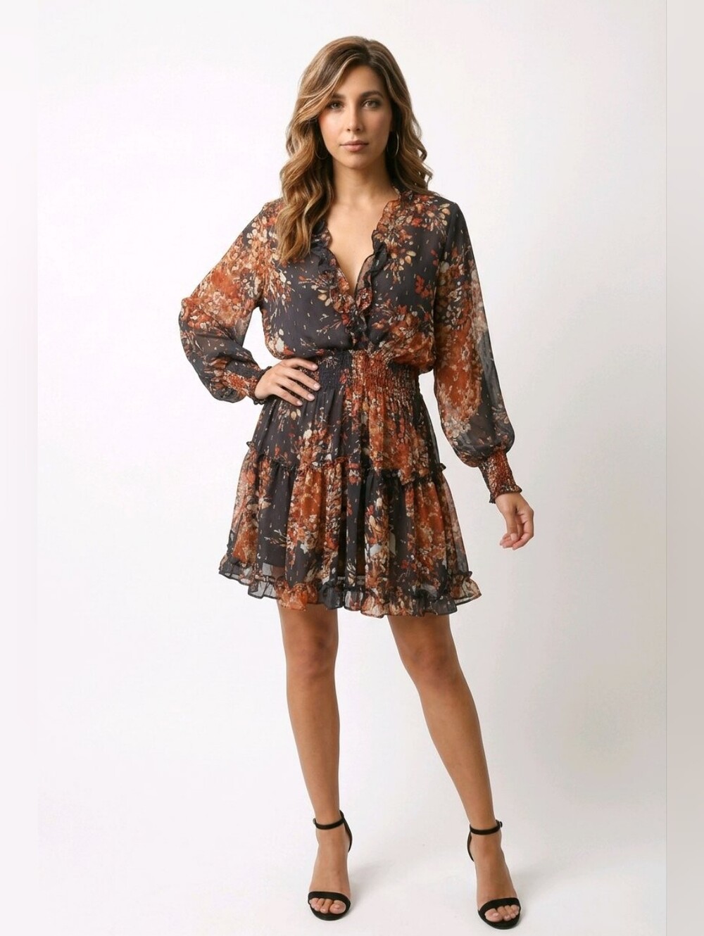 Lovestitch Charcoal and Rust Floral Tiered Long-Sleeve Mini Dress